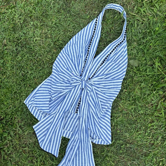 Zara linen cotton Blue and White Striped Halter Top small - Picture 1 of 7